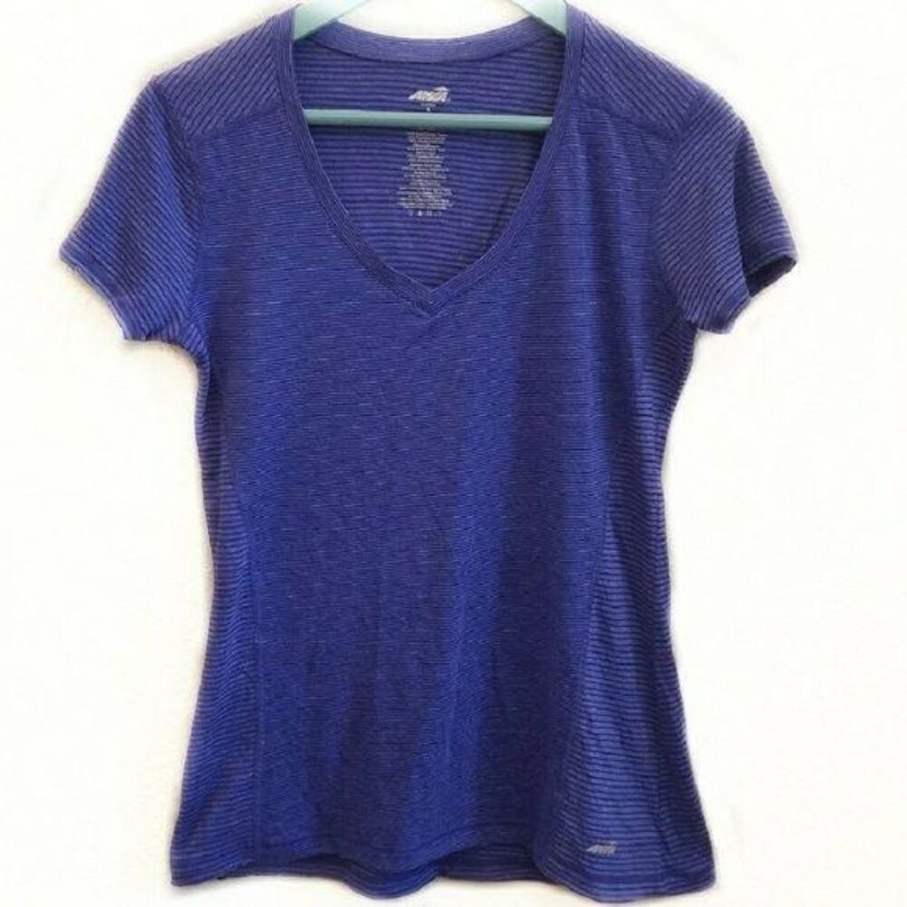 Avia Womens Blue Striped V-Neck Short Sleeve Top M Polyester & Rayon